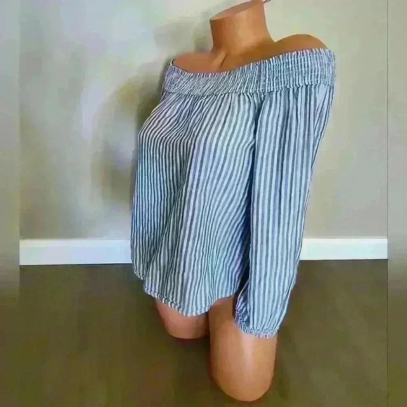 Women's Rag & Bone Striped Ruffle Off Shoulder Blue White Blouse Top XS - Picture 2 of 7
